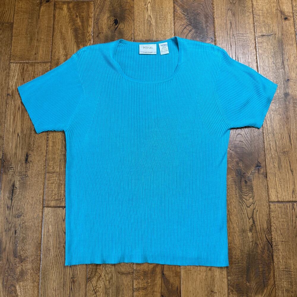 Kevo Ribbed 100% Knit Top Turquoise Short Sleeve Shirt Womens Size XL